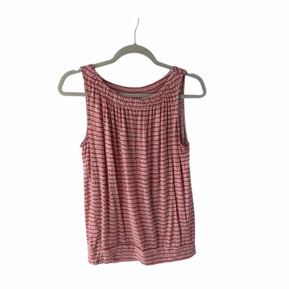 LOFT Pink and White Patterned Smocked Neck Summer Polka Dots Feminine Tank Sz S